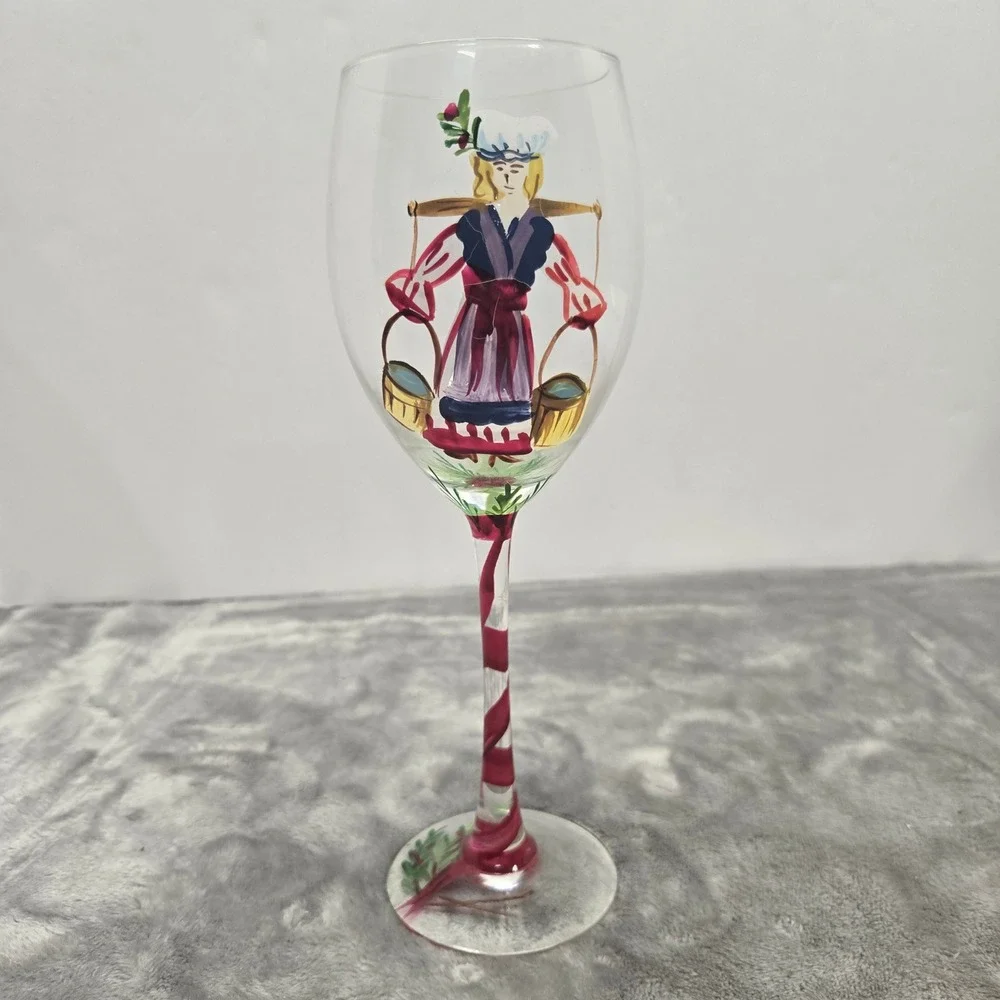 Hand Painted Folk Art Wine Glass Red White Candy Cane Twist Stem Holiday Holly